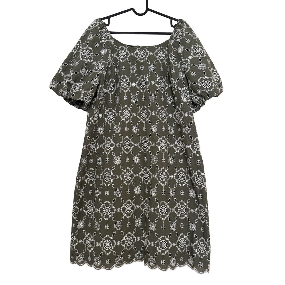 Talbots Green Embroidered Puff Sleeve Dress Size 12 Boho Eyelet Floral Shift - Picture 2 of 7